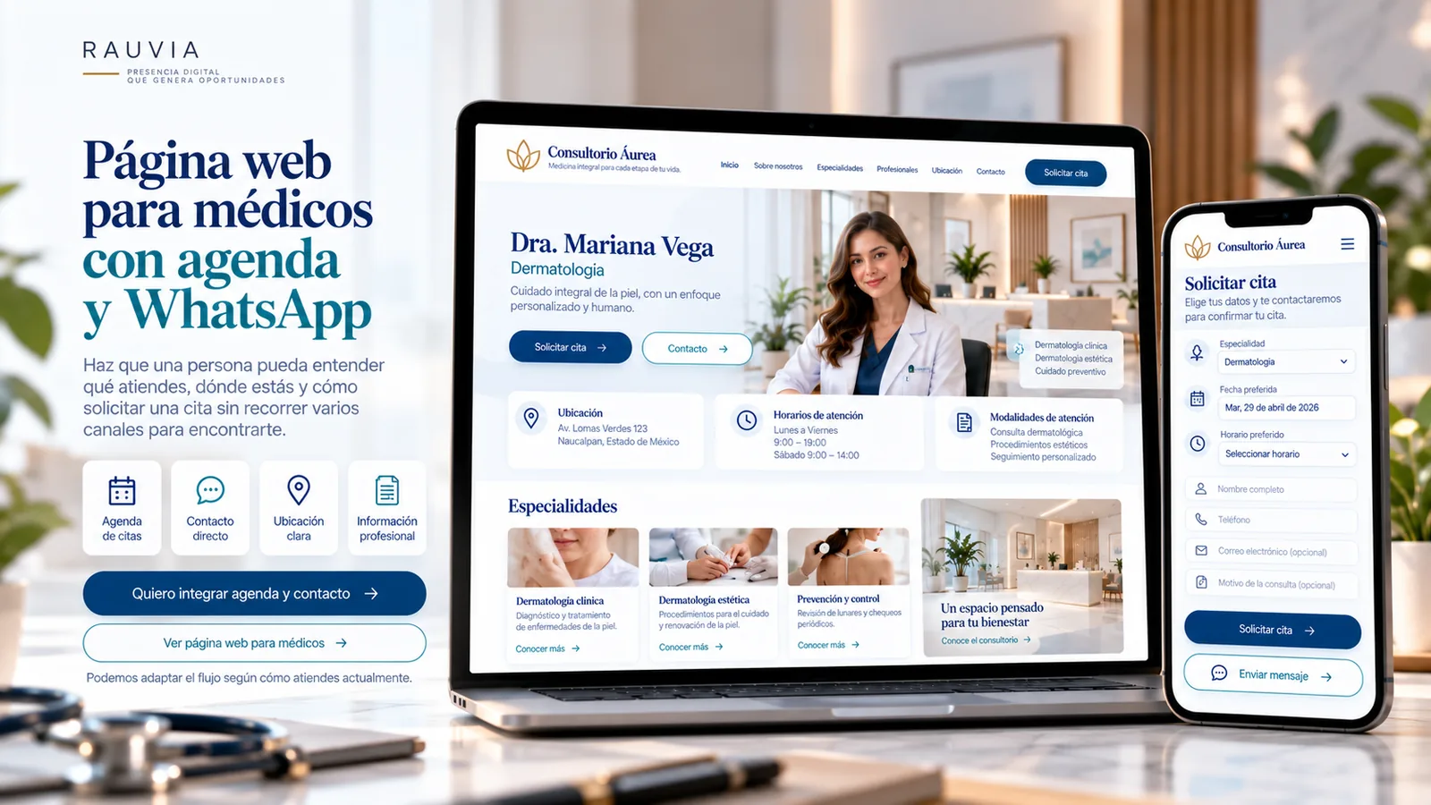 Ejemplo conceptual de página web para médicos con agenda y WhatsApp en laptop y teléfono, con información profesional y solicitud de cita.