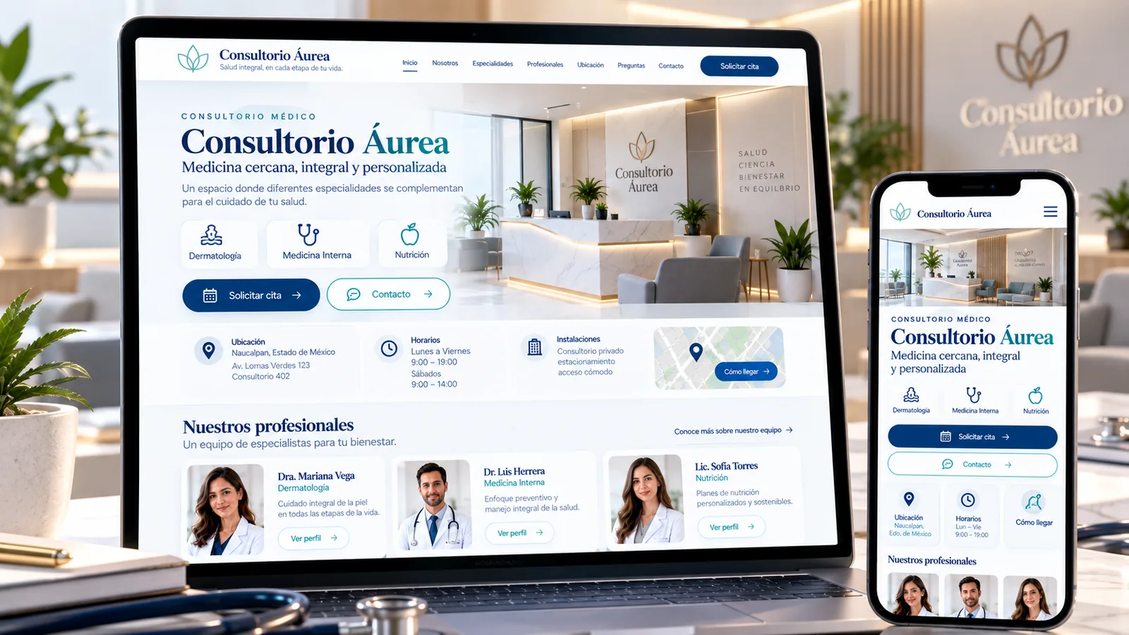 Ejemplo conceptual de página web para consultorio médico con especialidades, profesionales, ubicación, horarios y solicitud de cita.