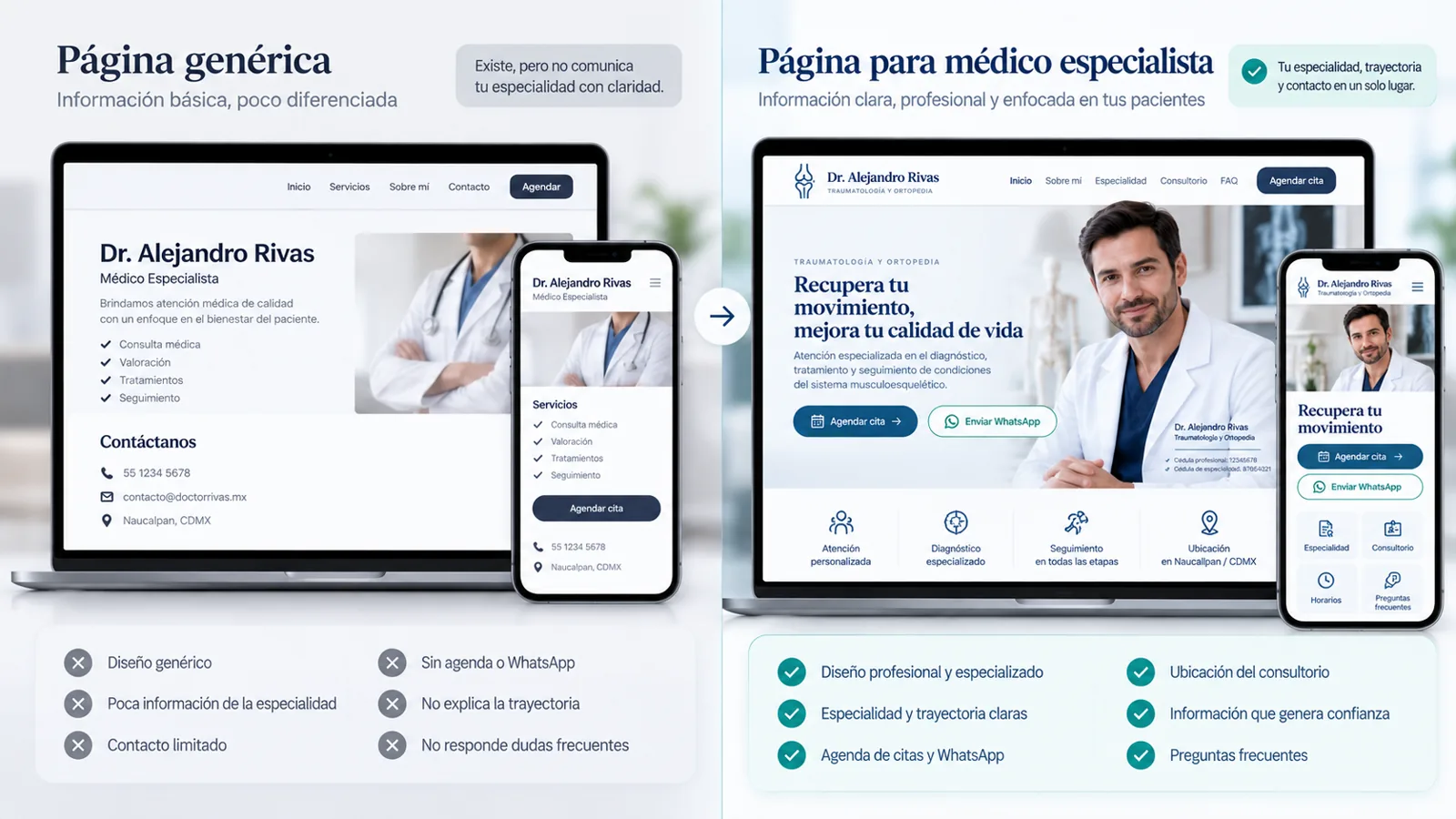 Comparativo entre página médica genérica y página para médico especialista.