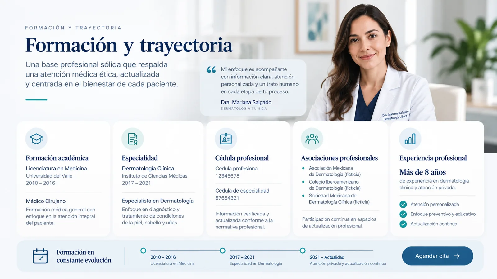 Sección de formación y trayectoria para página web médica profesional.