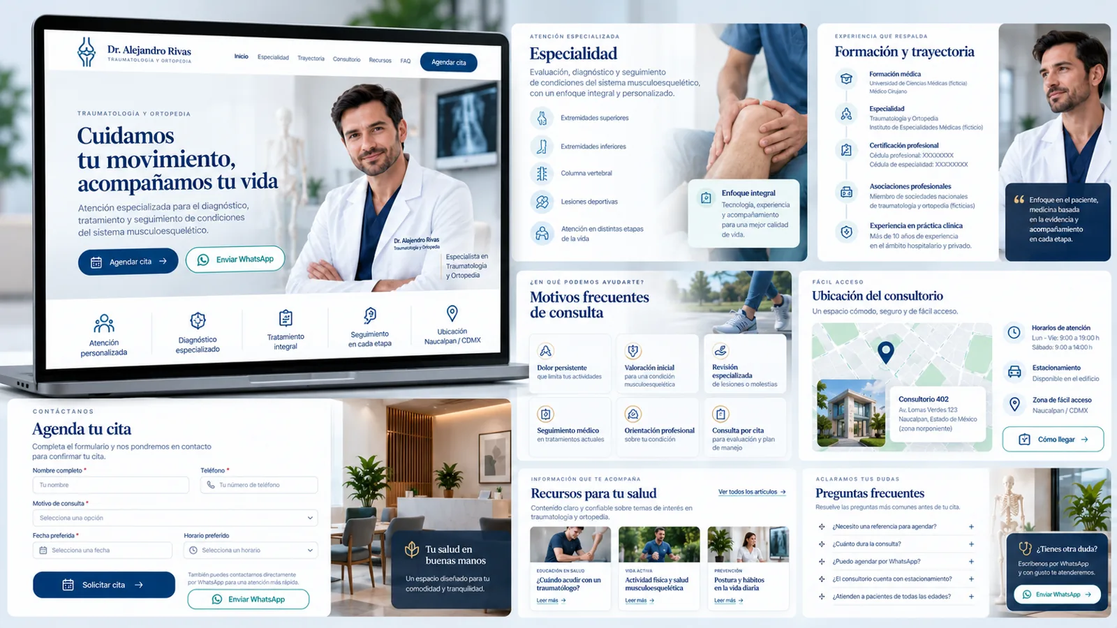 Mockup de Frente Comercial Médico con secciones avanzadas de especialidad y contacto.