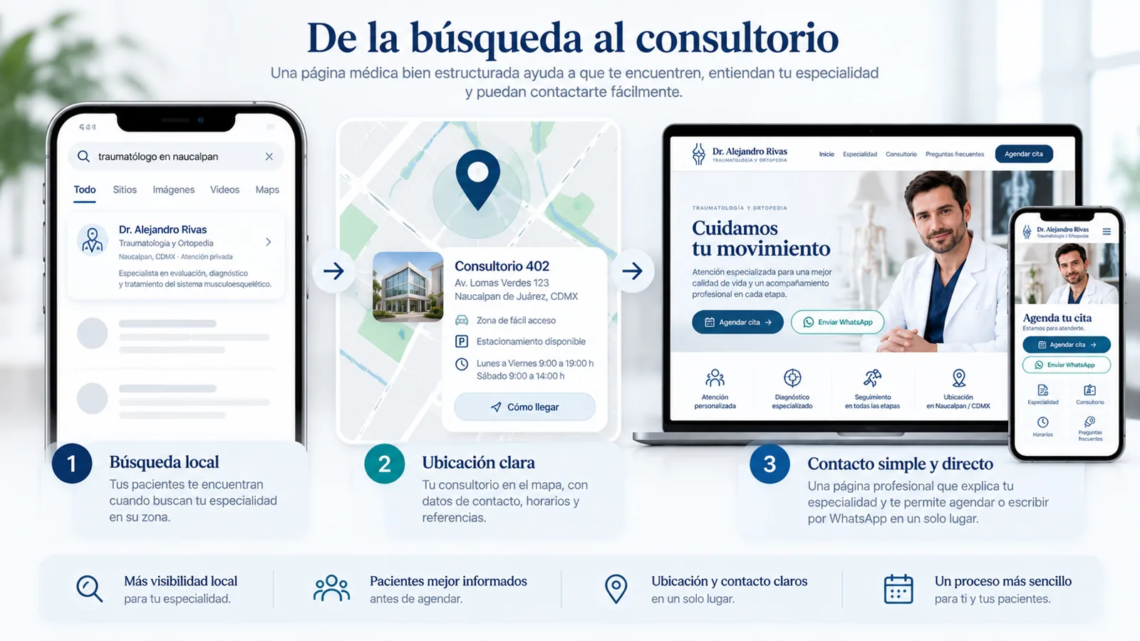 Concepto de presencia digital local para médicos con búsqueda, mapa y sitio web.