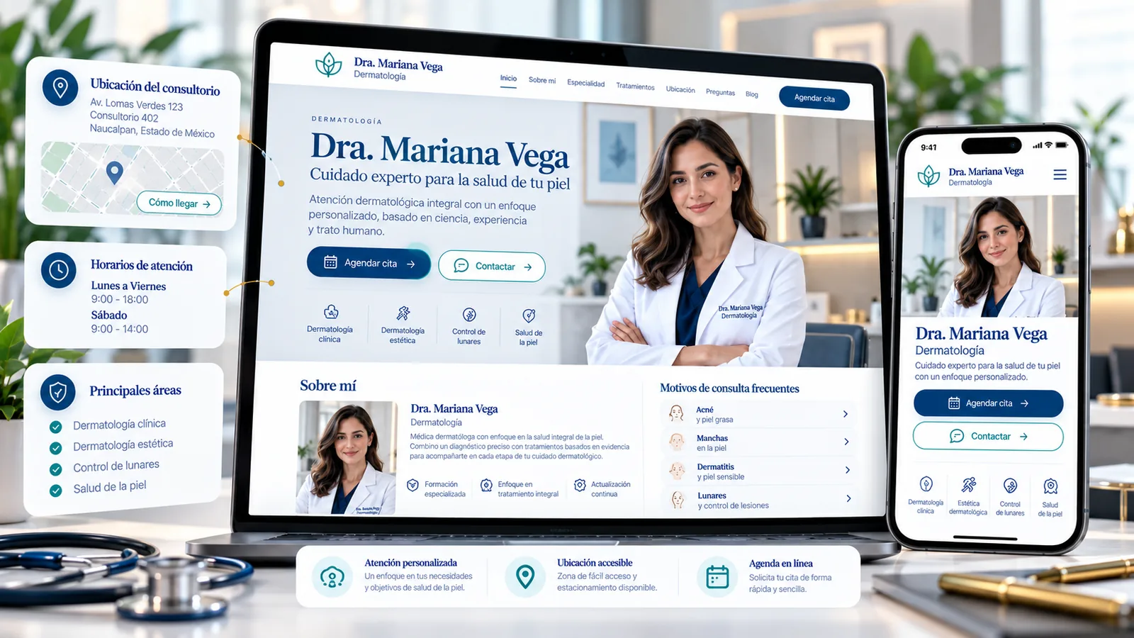 Ejemplo conceptual de página web para médicos con perfil profesional, especialidad, ubicación y solicitud de cita.
