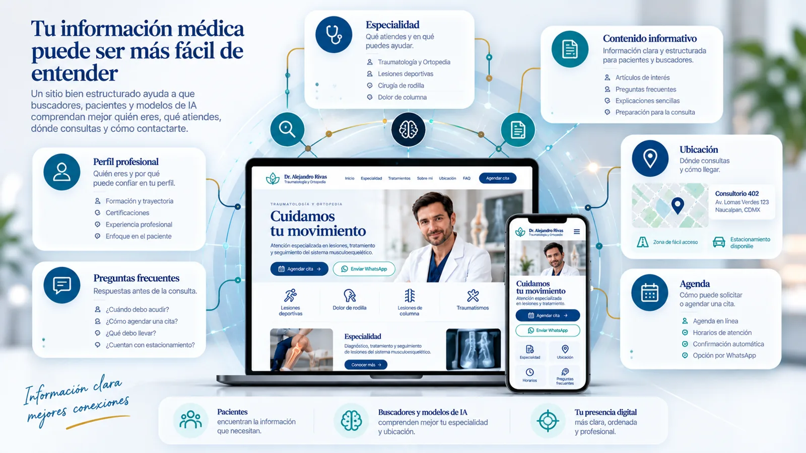 Diagrama conceptual de información médica organizada para pacientes, buscadores y modelos de IA.