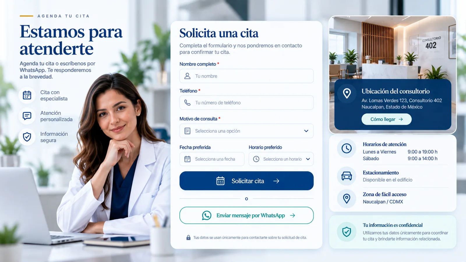Formulario de solicitud de cita con botón de WhatsApp para sitio médico profesional.