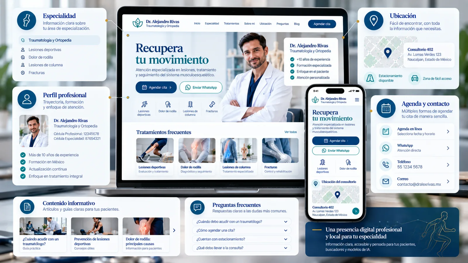 Mockup de Frente Comercial Médico con especialidad, trayectoria, ubicación, agenda y preguntas frecuentes.
