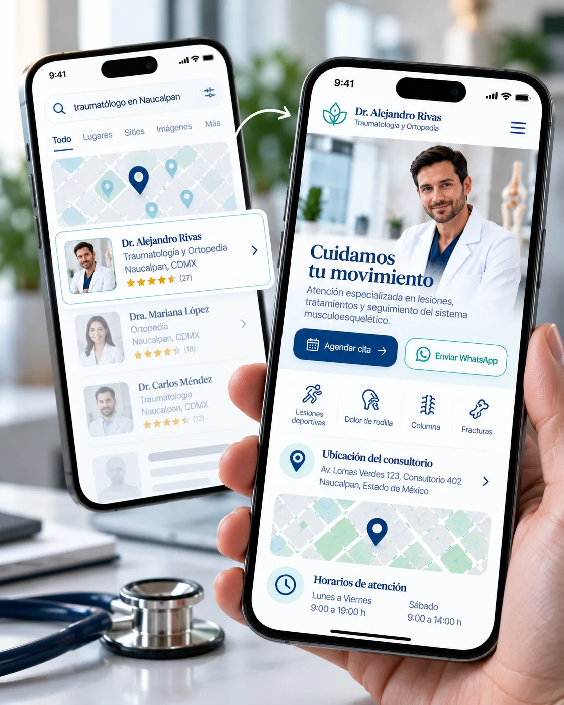 Mockup mobile de página médica con agenda, WhatsApp y ubicación del consultorio.
