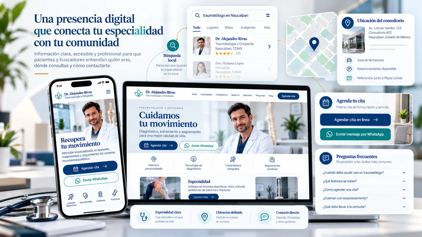 Concepto de SEO local para médicos con búsqueda, mapa, ubicación del consultorio y sitio médico.