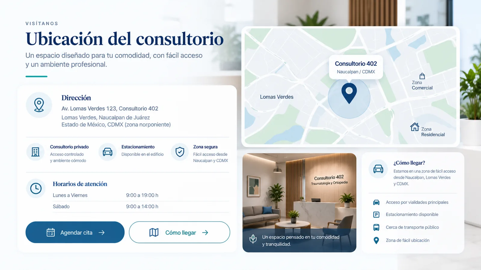 Sección de ubicación del consultorio con mapa estilizado, horarios y botones de contacto.